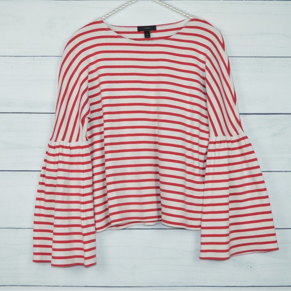 J.Crew | Red White Strip Long Bell Sleeve Blouse Shirt Women’s Size XXS - Picture 3 of 10